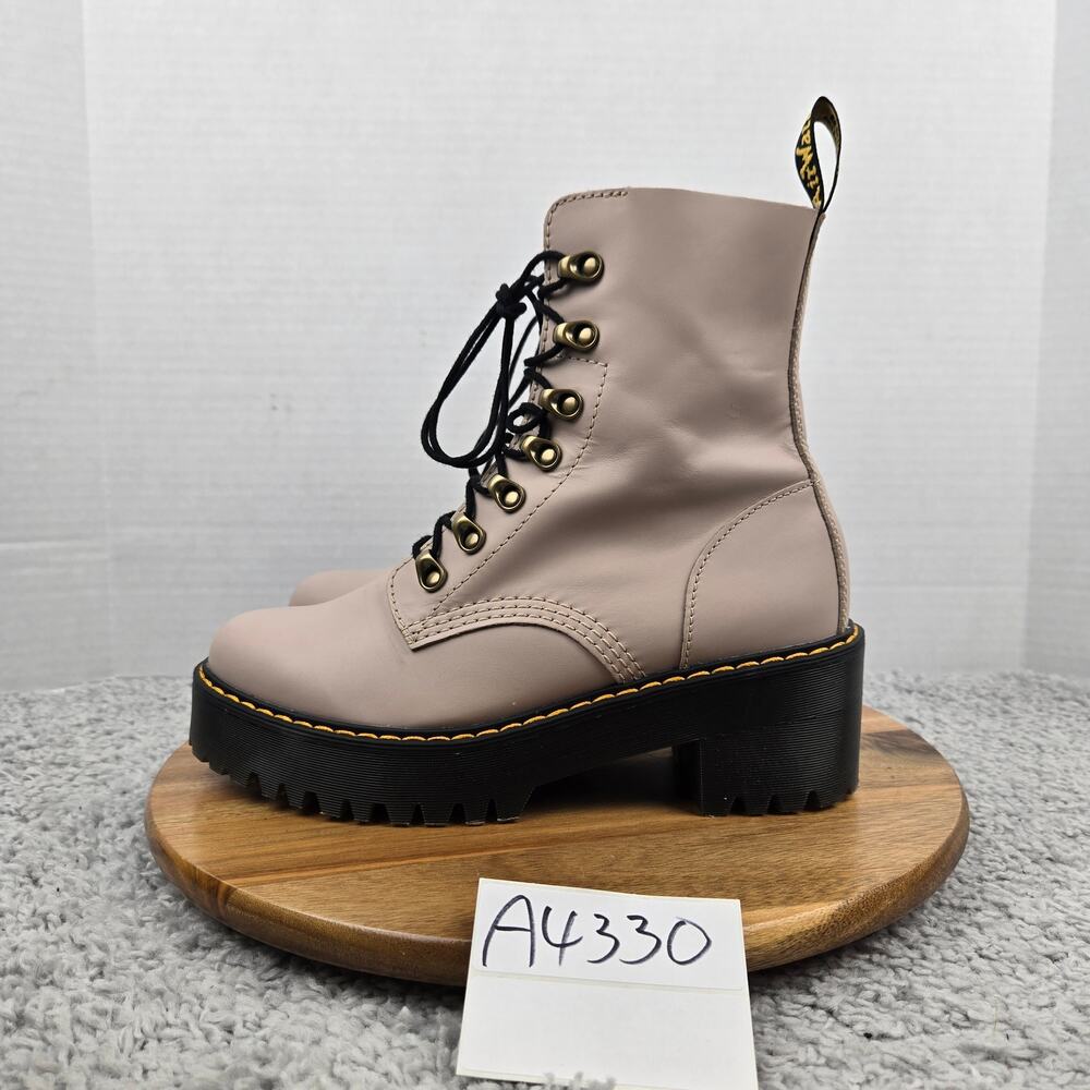 Dr. Martens Womens 8 Leona Beige Leather Y2K Black Heel Platform Combat Boot